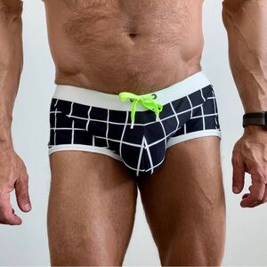 Geometric Black and White Swim Trunks with Neon Accents